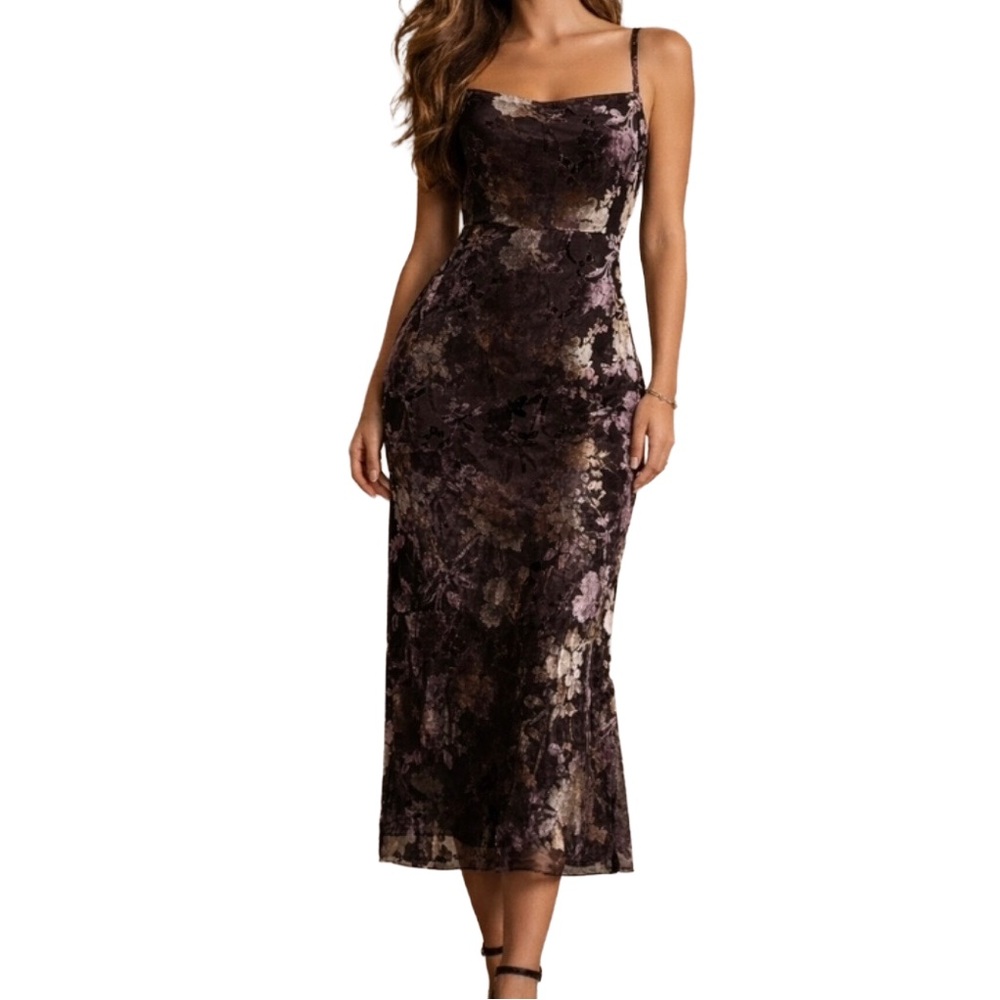 Taylor Floral Velvet Burnout Black and Purple Spagetti Strap  Midi Dress. Size 8 - Picture 14 of 15